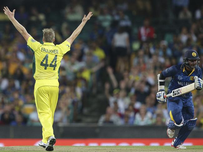 James Faulkner celebrates the wicket of Tillekaratne Dilshan.