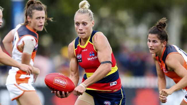 Crows star Erin Phillips breaks clear against GWS last week. Picture: Sarah Reed