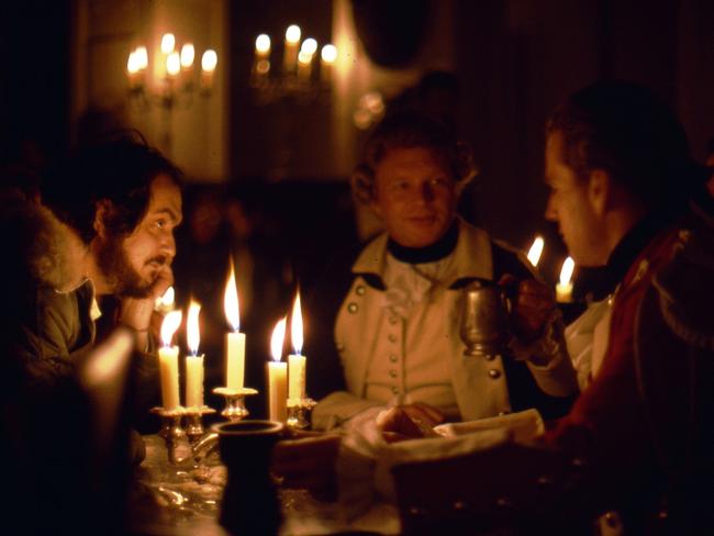 Stanley Kubrick with Hardt Kruger and Ryan O' Neal on the set of Barry Lyndon.