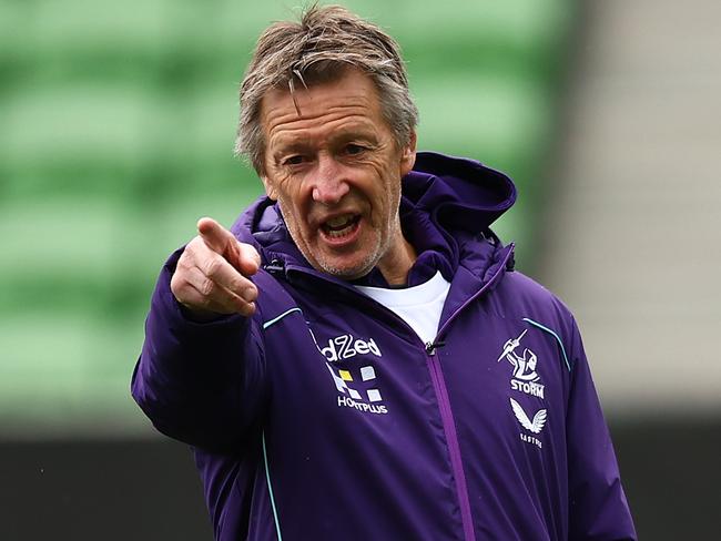 MELBOURNE, AUSTRALIA - AUGUST 23: Storm Coach Craig Bellamy gives instructions during a Melbourne Storm NRL media opportunity at AAMI Park on August 23, 2022 in Melbourne, Australia. (Photo by Graham Denholm/Getty Images)