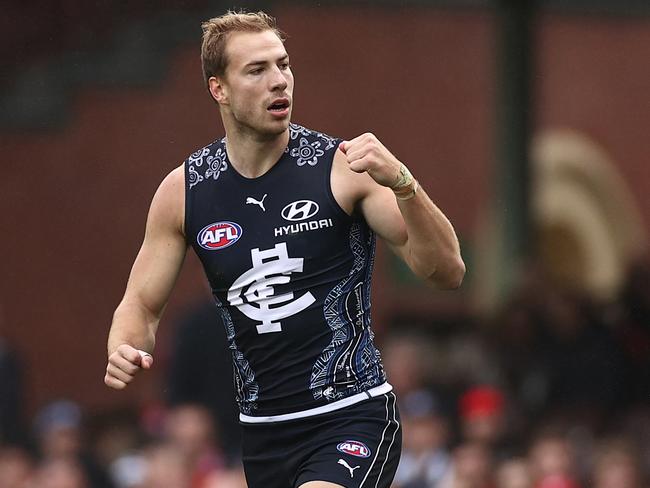 SYDNEY, AUSTRALIA - MAY 30: Harry Mckay of the Blues celebrates after scoring a goal during the round 11 AFL match between the Sydney Swans and the Carlton Blues at Sydney Cricket Ground on May 30, 2021 in Sydney, Australia. (Photo by Cameron Spencer/Getty Images)