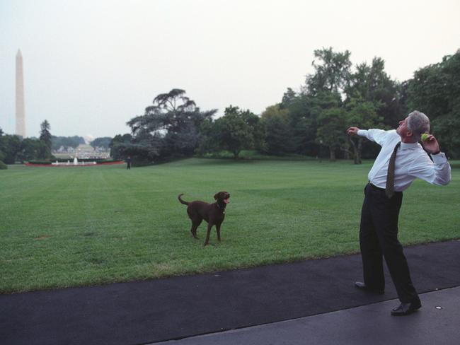 Former US President Bill Clinton throwing a tennis ball for his pet dog, Buddy, on the White House lawn, July 11, 1998. Picture: Smith Collection/Gado/Getty Images