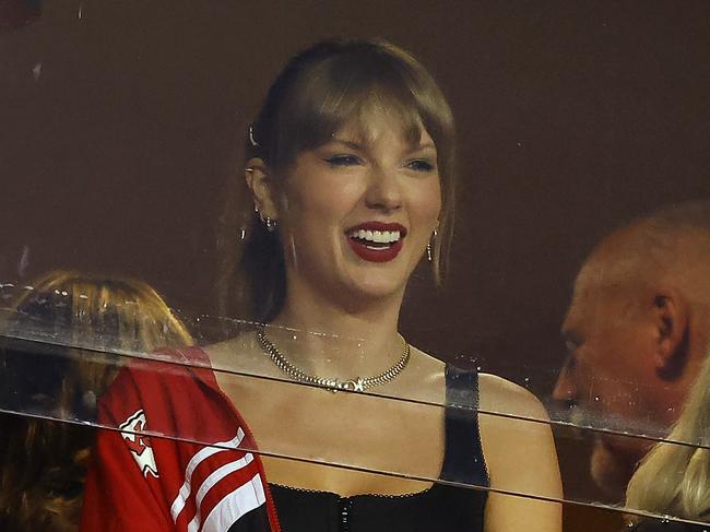 KANSAS CITY, MISSOURI - OCTOBER 12: Taylor Swift looks on before the game between the Kansas City Chiefs and the Denver Broncos at GEHA Field at Arrowhead Stadium on October 12, 2023 in Kansas City, Missouri. (Photo by David Eulitt/Getty Images)