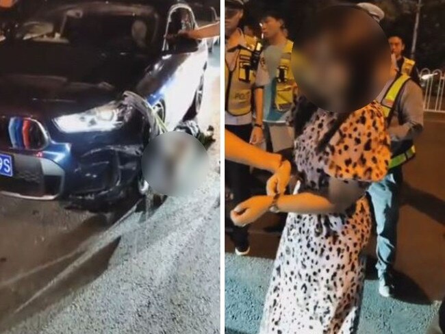 Horrifying footage has shown a seriously injured woman after she was dragged up to 1km by an alleged drunk driver in China.