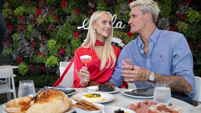 Western Bulldogs star Rory Lobb and his fiance Lexi Mary celebrating Valentine's Day on the Rooftop at the Stella restaurant in South Yarra. Picture: Tony Gough