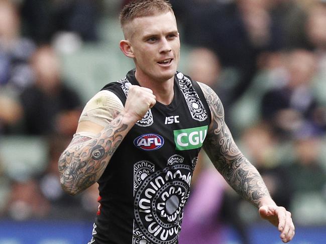 Dayne Beams of the Magpies celebrates a goal during the Round 11 AFL match between the Collingwood Magpies and the Fremantle Dockers at the MCG in Melbourne, Saturday, June 1, 2019. (AAP Image/Daniel Pockett) NO ARCHIVING, EDITORIAL USE ONLY