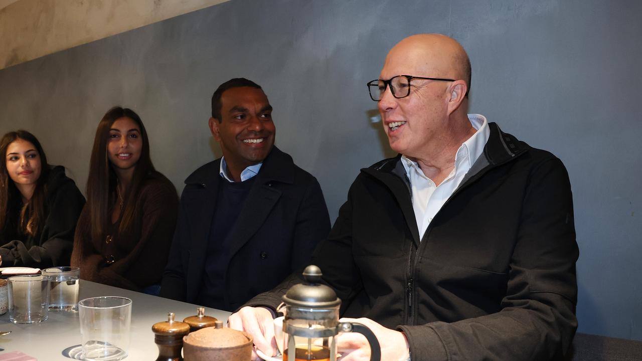 Opposition Leader Peter Dutton at Carter Lovett Cafe in Melbourne, where he met Liberal candidate Benson Saulo on Saturday morning. Picture: Adam Head / NewsWire