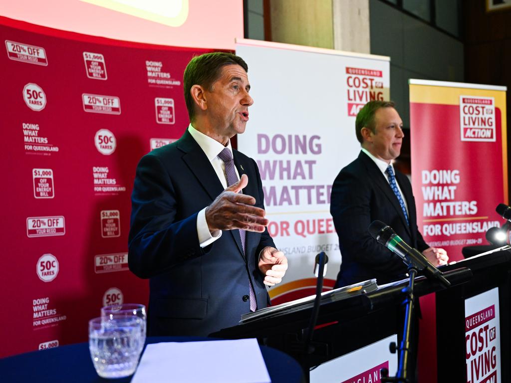 Queensland Premier Steven Miles and Treasurer Cameron Dick outlining what’s in the state budget. Picture: Dan Peled / NewsWire