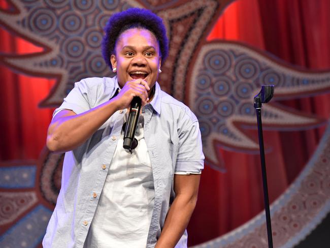 Last year’s champion Ghenoa Gela acted as MC for the Deadly Funny National Final and Showcase. Picture: Jim Lee Photo