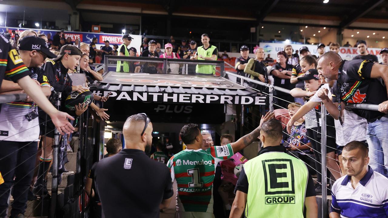 Latrell Mitchell took the time to interact with fans after Thursday’s game in Penrith an hour after he was the victim of vile racial abuse. Picture: Cameron Spencer/Getty Images