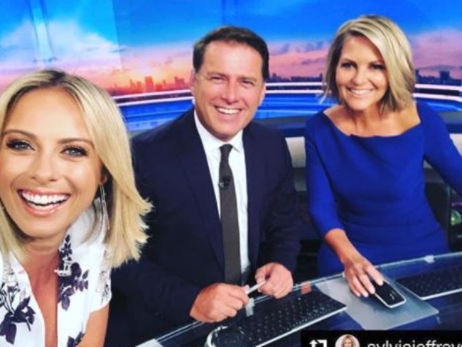 Sylvia Jeffreys, Karl Stefanovic and Georgie Gardner at the Today Show this morning. Picture: Instagram/Sylvia Jeffreys