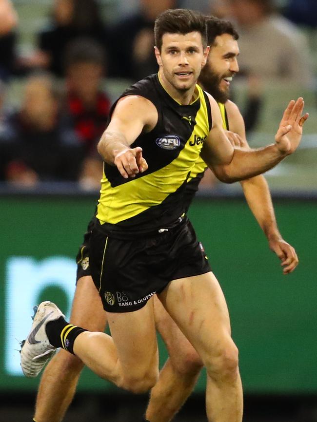 Trent Cotchin of the Tigers celebrates after kicking a goal againts the Cats. Picture: Getty Images