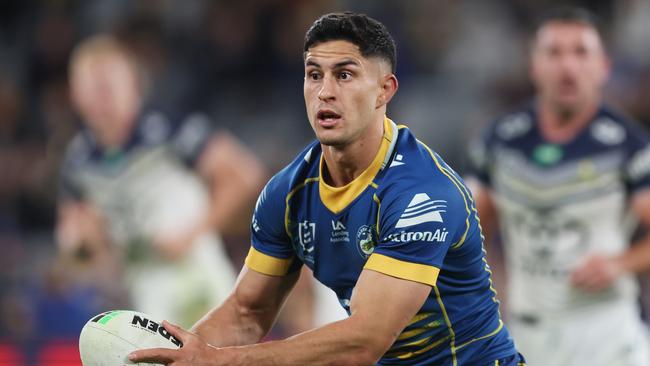 SYDNEY, AUSTRALIA - MAY 26: Dylan Brown of the Eels runs with the ball during the round 13 NRL match between Parramatta Eels and North Queensland Cowboys at CommBank Stadium on May 26, 2023 in Sydney, Australia. (Photo by Mark Metcalfe/Getty Images)