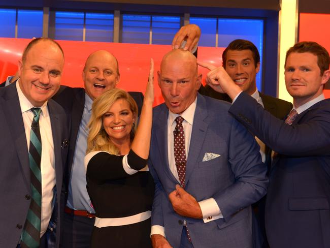 Craig Hutchison, Billy Brownless, Rebecca Maddern, Sam Newman, Alex Rance and Patrick Dangerfield on the first episode of the 2017 season of The Footy Show. Picture: Supplied by Channel 9