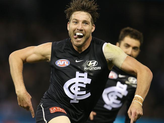 AFL Round 13. 15/06/2019. Carlton v Western Bulldogs at Marvel Stadium.  Dale Thomas of the Blues celebrates a goal in the 3rd qtr   .  Pic: Michael Klein