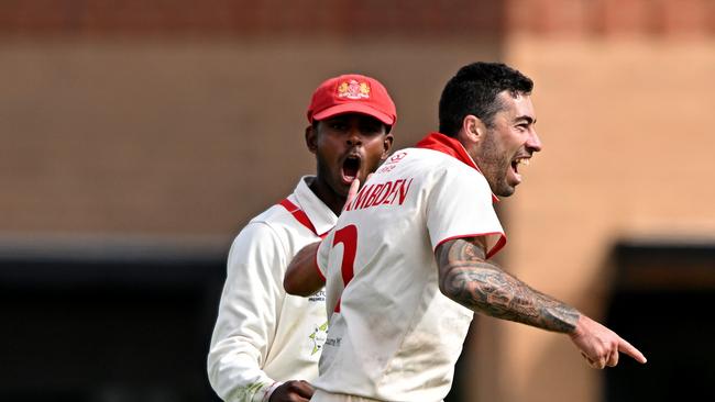 Casey South MelbourneÃs Nathan Lambden celebrates the wicket of CarltonÃs Michael Archer during the Victorian Premier Cricket match between Carlton and Casey South Melbourne in Essendon, Saturday, March 23, 2024. Picture: Andy Brownbil