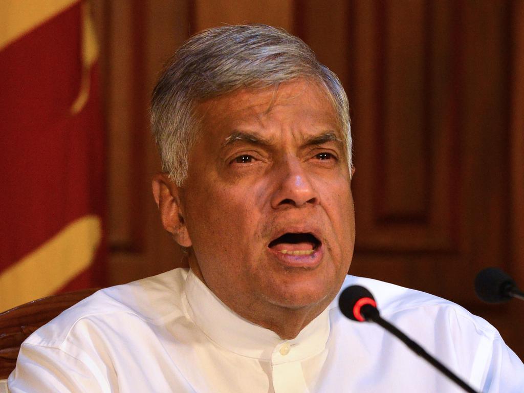 Sri Lankan Prime Minister Ranil Wickremesinghe speaks at a press conference in Colombo on April 21. Eight people have been arrested in connection with the blasts. Picture: AFP