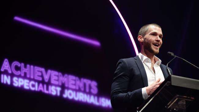 James Weir accepting his award for Achievements in Specialist Journalism at the 2018 News Awards in Sydney. Picture: Jonathan Ng