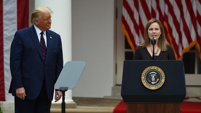 Judge Amy Coney Barrett speaks in the Rose Garden of the White House after being nominated to the US Supreme Court by Donald Trump. Picture: AFP