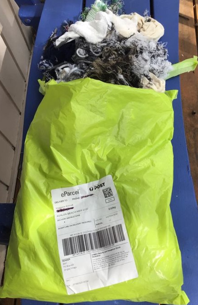 An unsolicited parcel filled with socks and unravelled wool. Picture: Facebook