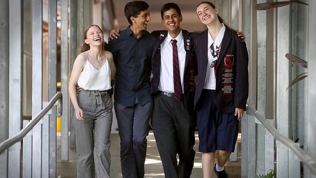 Former Brisbane State High students Jeanette Hodgson and Advaith Suresh and current year 12 students Milind Bordia and Elouise Gaffney. Photo: Jamie Hanson