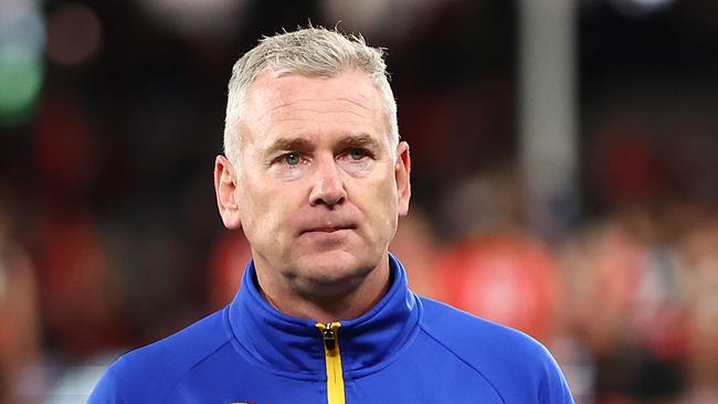 MELBOURNE, AUSTRALIA - AUGUST 05: West Coast Eagles Head Coach Adam Simpson looks on following the round 21 AFL match between Essendon Bombers and West Coast Eagles at Marvel Stadium on August 05, 2023 in Melbourne, Australia. (Photo by Graham Denholm/AFL Photos via Getty Images)