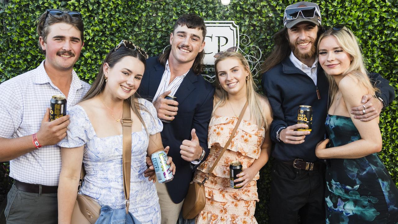 At 2023 Audi Centre Toowoomba Weetwood race day are (from left) Max Stewart, Lily Christensen, Anthony McCormack, Mackenzie Weier, Zeb O'Shea and Bronty Rosentreter. Picture: Kevin Farmer