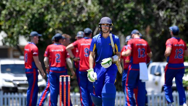 Sandgate Redcliffe batsman Rory Livingstone walks back to the sheds after going out. T20 club cricket - Toombul v Sandgate Redcliffe Saturday December 4, 2021. Picture, John Gass
