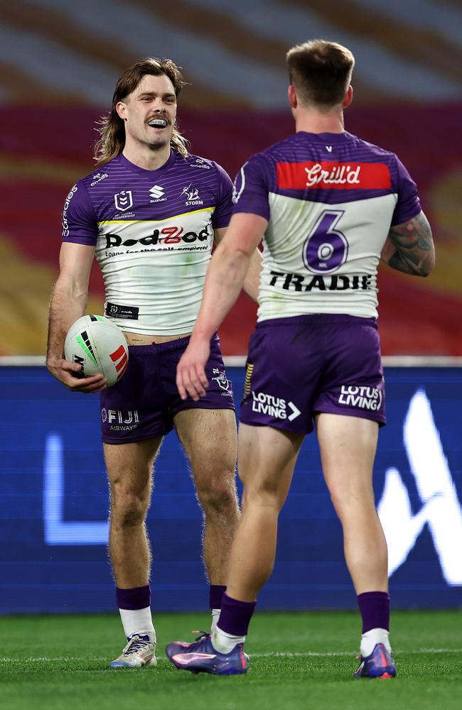 SYDNEY, AUSTRALIA – AUGUST 08: Ryan Papenhuyzen of the Storm celebrates scoring a try during the round 23 NRL match between South Sydney Rabbitohs and Melbourne Storm at Accor Stadium, on August 08, 2024, in Sydney, Australia. (Photo by Brendon Thorne/Getty Images)