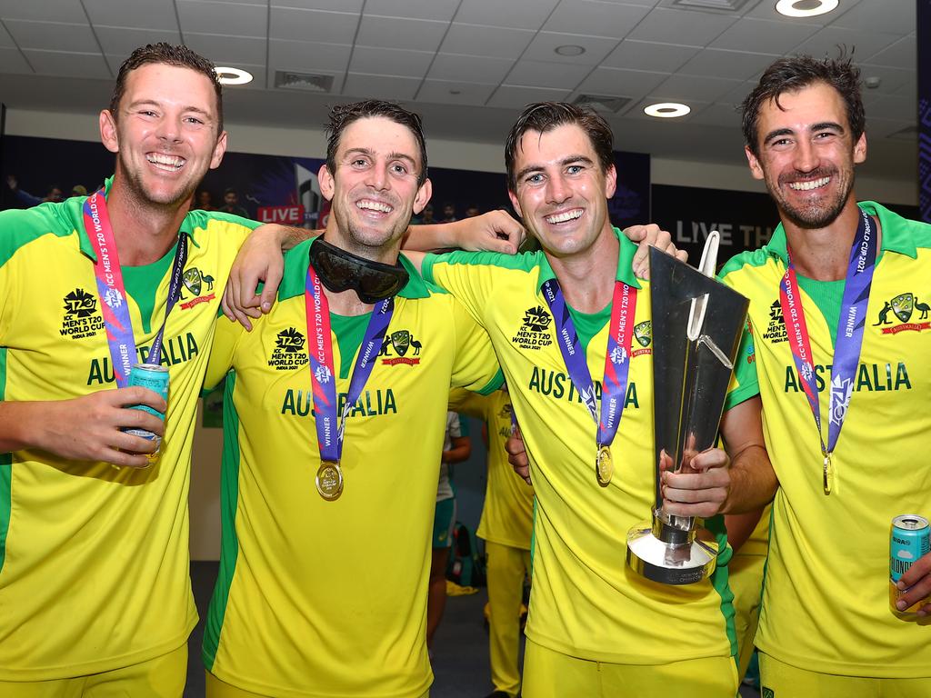 Hazlewood, Starc and Cummins have long been Australia’s best three bowlers but had never played a T20I together before the 2021 World Cup. Picture: Michael Steele-ICC/ICC via Getty Images