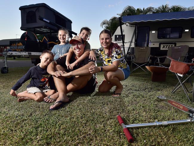 Nathan Earsman has his camping trailer set up in backyard for his family including wife Rachel and kids Bethany, 13, Georgia, 11, Beau, 9 and Josh, 6. They will not let COVID-19 stop them from camping this Easter. PICTURE: MATT TAYLOR.