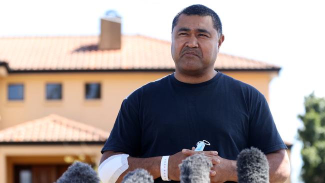 Toutai Kefu speaking to media outside his property following the incident. Picture: Tara Croser