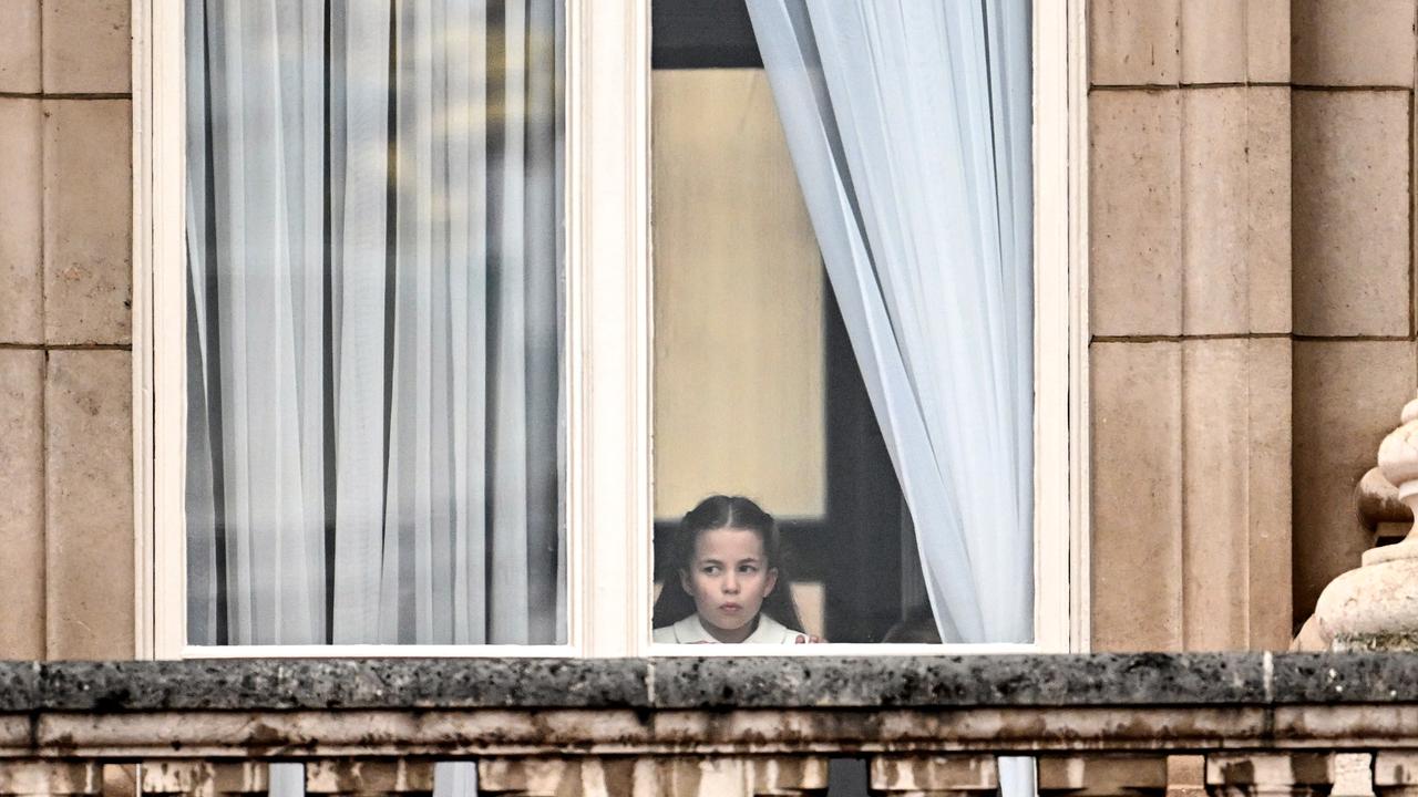 Princess Charlotte of Cambridge looks out the window during the Platinum Pageant. (Photo by Leon Neal - WPA Pool/Getty Images)