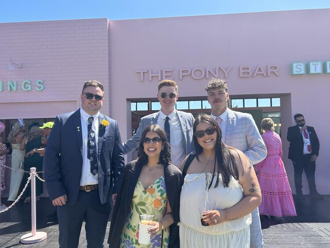 Jenna, Josh, Dave, Meika and Jed enjoying the Melbourne Cup. Picture: Oscar Jaeger