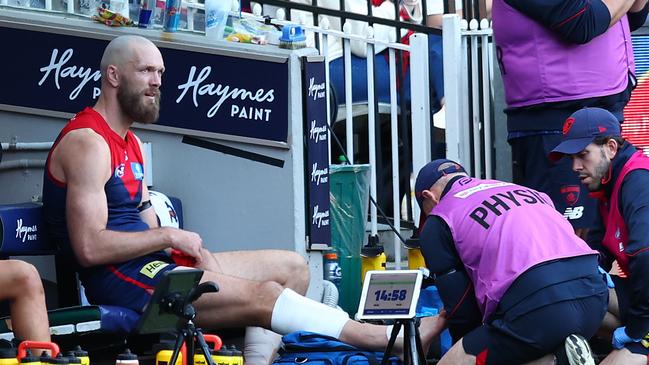 Max Gawn is hellbent on returning for Melbourne’s round 19 clash against Fremantle despite suffering a chip to the bottom of the fibula in his right ankle. Picture: Graham Denholm Getty Images