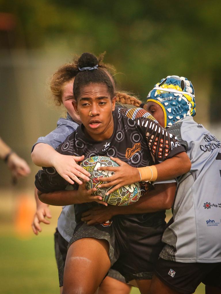 Abi Sekitoga as the Indigenous All Stars take on the Territory All Stars in the senior women's rugby league Deadly Cup. Picture: Glenn Campbell