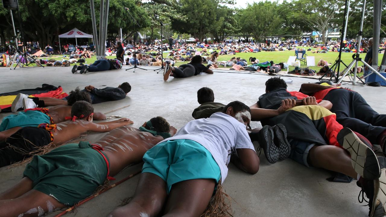 Protesters lie on the floor in tribute for American man George Floyd killed by police. Picture: PETER CARRUTHERS