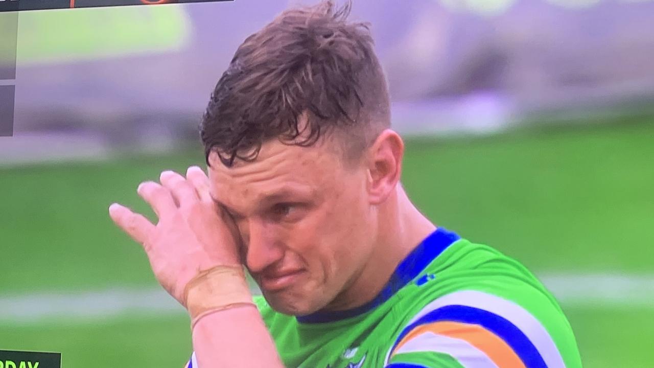 Canberra Raiders’ Jack Wighton emotional after the golden-point win over the Dolphins.