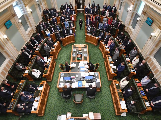 BRISBANE, AUSTRALIA - NewsWire Photos - SEPTEMBER 16, 2021.Members of the Queensland Parliament vote on the second reading of the Voluntary Assisted Dying bill by standing up for Yes or sitting down for No, at Parliament House in Brisbane. Picture: NCA NewsWire / Dan Peled