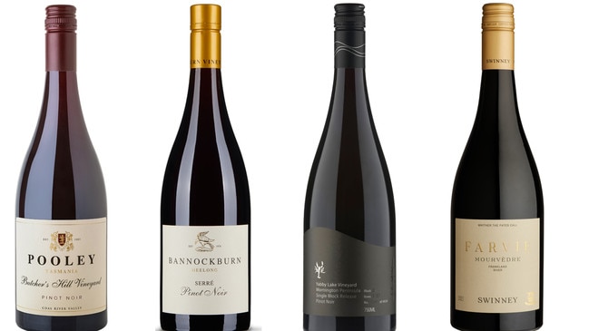 Pooley Butcher’s Hill pinot noir 2022, Bannockburn pinot noir 2022, Yabby Lake pinot noit 2022 and the Swinney Farvie mourvedre 2021.