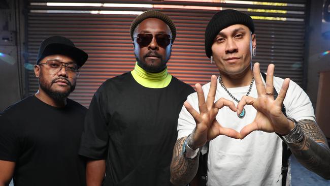 will.i.am (centre) with fellow Black Eyed Peas members apl.de.ap (left) and Taboo. Picture: Richard Dobson