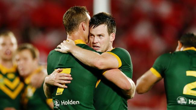 AUCKLAND, NEW ZEALAND - OCTOBER 20: Luke Keary and Daly Cherry-Evans of Australia celebrate after winning the International Test match between Tonga and Australia at Mount Smart Stadium on October 20, 2018 in Auckland, New Zealand. (Photo by Anthony Au-Yeung/Getty Images)