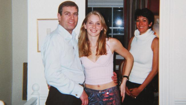 Prince Andrew, Virginia Roberts and Ghislaine Maxwell, right, in London in 2001. Picture: Supplied