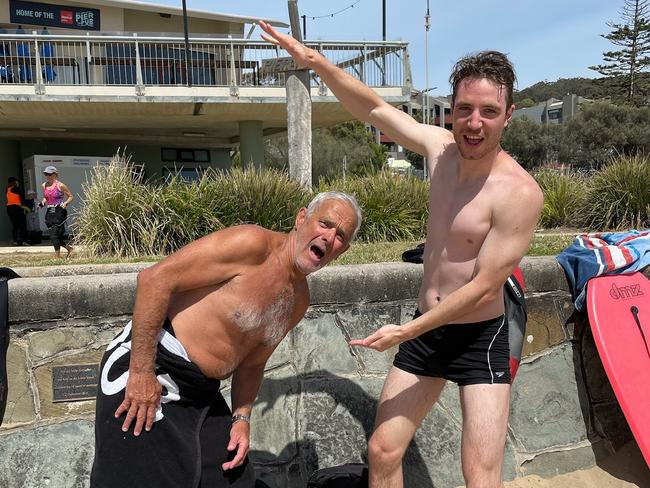 John Mantesso (L) on left with his friend Declan Murphy  had an encounter with a White pointer this morning at lorne swimming pier to pub. 3-4m white pointer circling