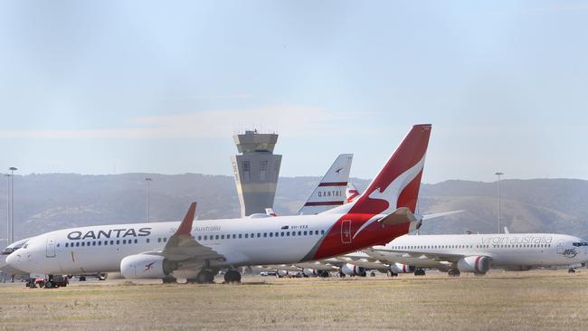 Qantas and Virgin plans grounded at Adelaide Airport. Picture: Emma Brasier/AAP