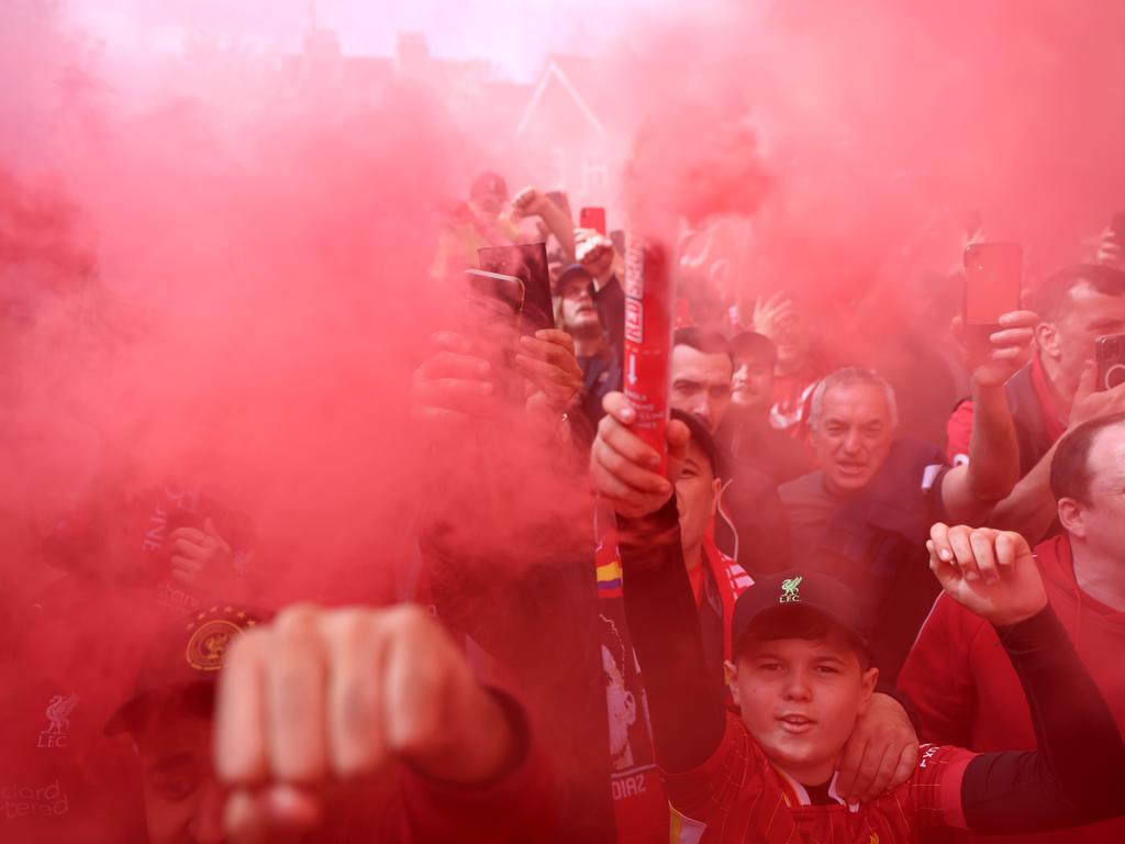 There were plenty of flares on the march to the ground. Picture: Carl Recine/Getty Images