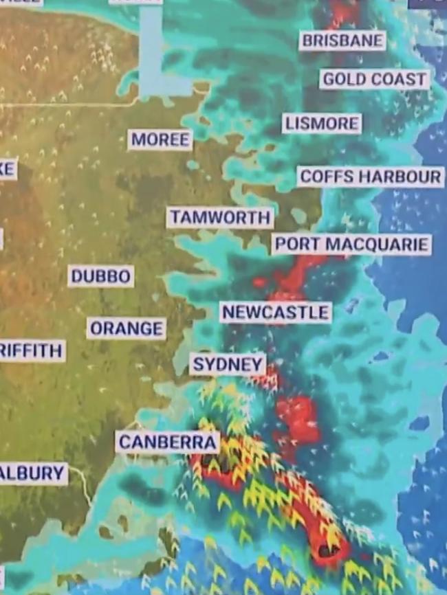 Australia’s east coast will continue to be battered by storms on Friday and Saturday. Picture: Sky News Weather