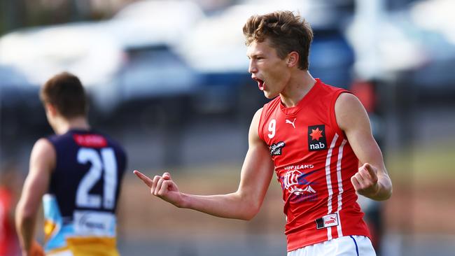 Zane Duursma celebrates one of his six goals for Gippsland Power in the NAB League on Sunday. Picture: Getty Images