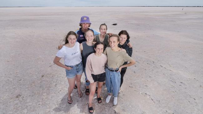 Gemma Stacey, Lachie Wright, Liana Stacey, Emily Weir, Belle Shepherd, Jenna Conlan and Haylee Crowe at Lake Tyrrell. Picture: Rob Leeson