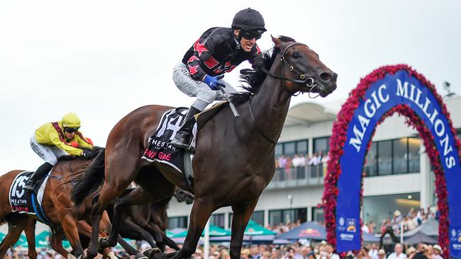 Luke Currie wins the Magic Millions Classic on Away Game. Picture: AAP